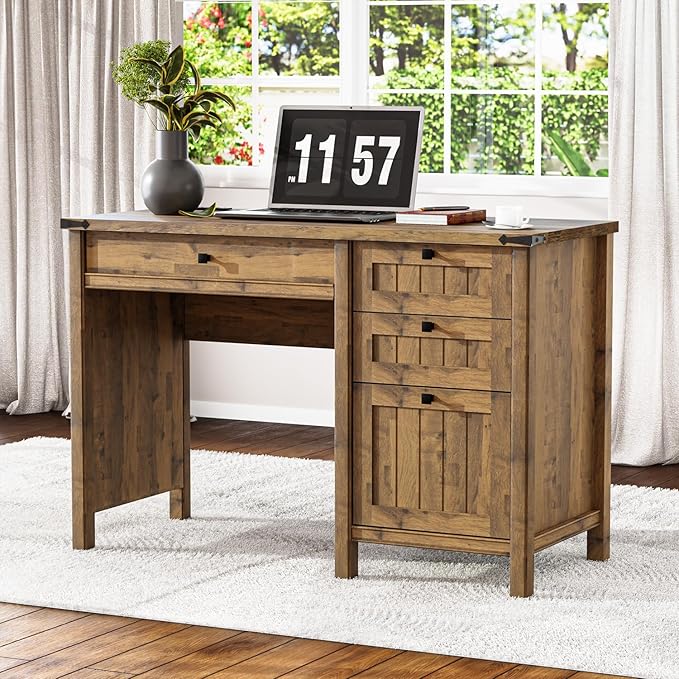 Farmhouse Executive Desk 45 inch Computer Desk with 4 Drawers Smart Charging Station Home Office &amp Study Room Essential for Remote Workers Professionals &amp Students.Vintage