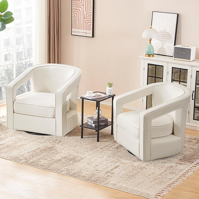 Furniliving Chenille Swivel Accent Chair for Living Room Upholstered Barrel Chair with Curved Back Comfortable Reading Chair for Bedroom Balcany Home Office White