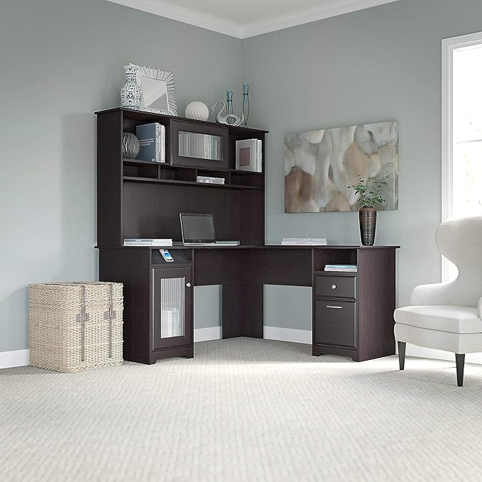 Bush Home Cabot L Shaped Desk with Hutch Corner Desk with Storage for Home Office in Espresso Oak 60W L Shaped Computer Desk