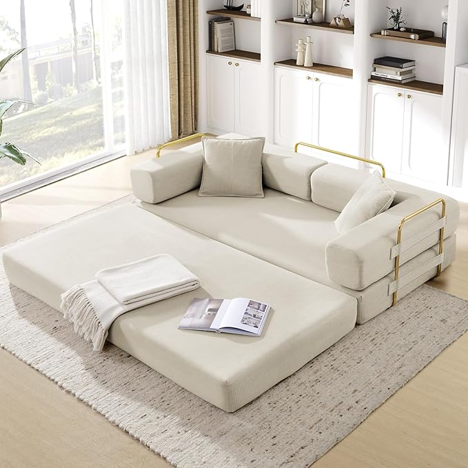 Convertible Folding Sofa Bed Corduroy Sleeper Mattress Couch with Fixed-Shape Frame Free Combination Loveseat Lounge Floor Sofa Queen Size Memory Foam Couch for Living Room Bedroom Beige