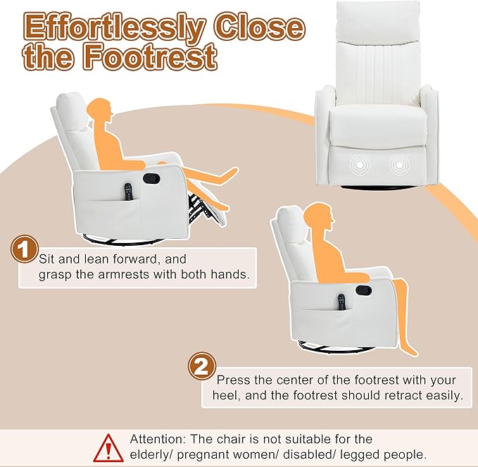 Manual Swivel Rocker Recliner Chair for Adults Overstuffed Glider Chair for Nursery with Massage and Heat Living Room Reclining Chair Faux Leather White