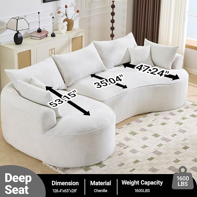 126.4 Oversized L-Shaped Boneless Sofa Deep Seat Sectional Couch with Curved Seat Design and 7 Pillows No-Assembly Chenille Sofa for Living Room Heavy-Duty Support（White）