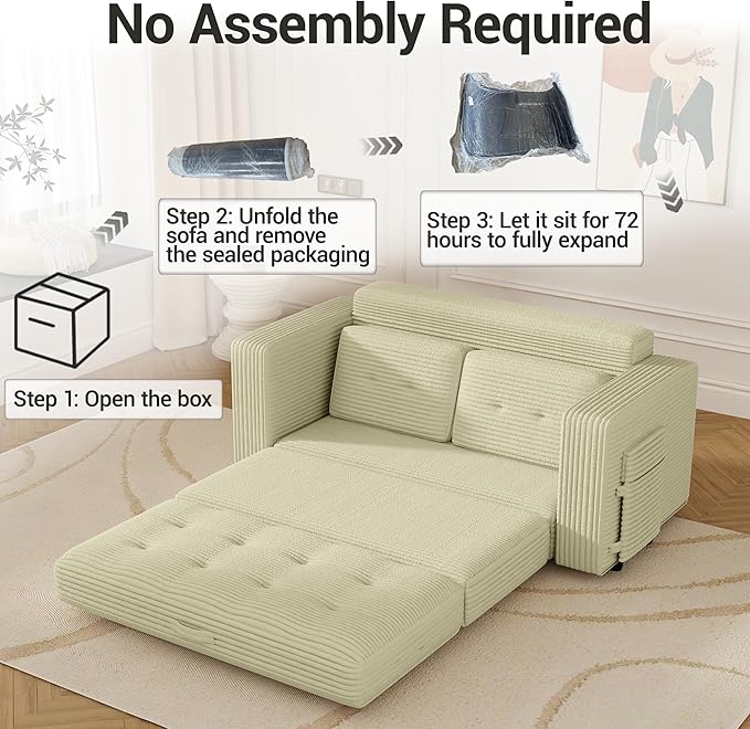 3 Fold Convertible Sofa Bed Pull Out Boneless Couch Loveseat Sleeper Sofa Folding Chaise Chair with Pillows for Bedroom Living Room Beige (Little Yellow)