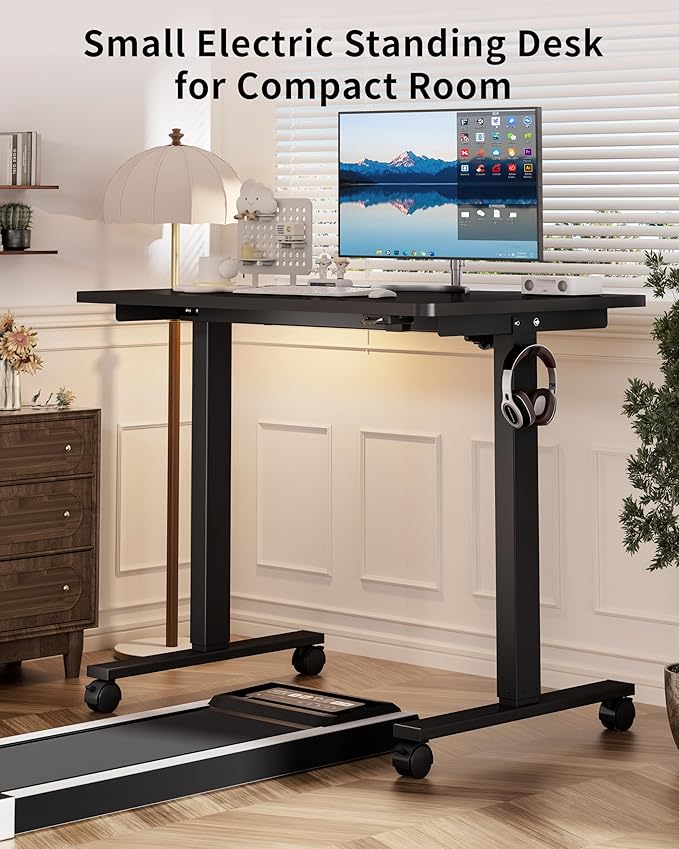Okin Electric Standing Desk 40 x 24 Inches Whole Piece Height Adjustable Desk Black Sit to Stand Desks Computer Workstation with Wheels for Home Office
