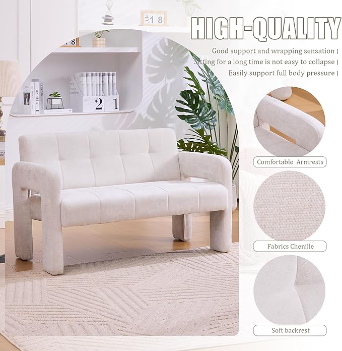 47'' Modern Loveseat Comfortable Small Couch for Two with Chenille Fabric Minimalist Accent Chair for Bedroom Office Entryway Dorm (Beige)