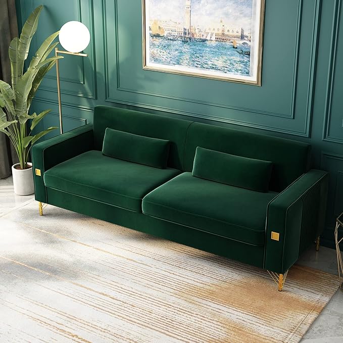 85 Velvet SofaMid-Century Modern Chesterfield 3 Seat Comfy Couch with Pillows Set of 2 for Living RoomBedroomApartment Furniture with Gold Metal Legs (P18-Green)
