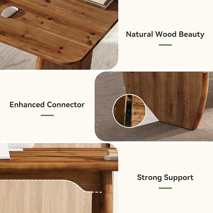 63-Inch Solid Wood Executive Desk Large Office Computer Desk with Sturdy Wooden Legs Farmhouse Writing Table Business Workstation for Home Office Brown
