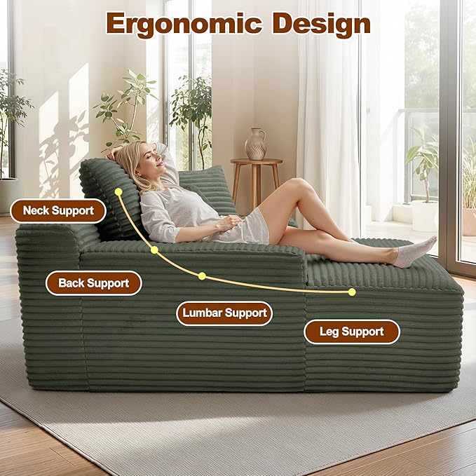 67 Inch Chaise Lounge Chair Indoor Oversized Corduroy Upholstered Boneless Sofa Bed with Amrests and 2 Pillows Cloud Sleeper Couch Reading Chair for Living Room