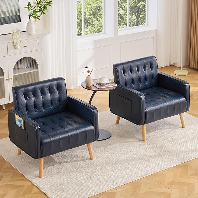 Leather Accent Chair Set of 2 Mid-Century Modern Tufted Living Room Chair with Wooden Legs and Side Pocket Cozy Office Reading Chair Comfy Armchair for Living Room Waiting Room