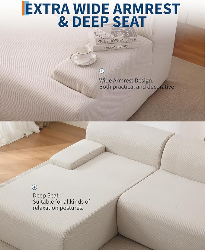 Garvee 107'' Modular Sectional Sofa Left Facing Chaise L-Shaped Boneless Couch Ultra Deep Seat Modern Sectional Sofa for Living Room 5mm Wale Corduroy Fabric Beige