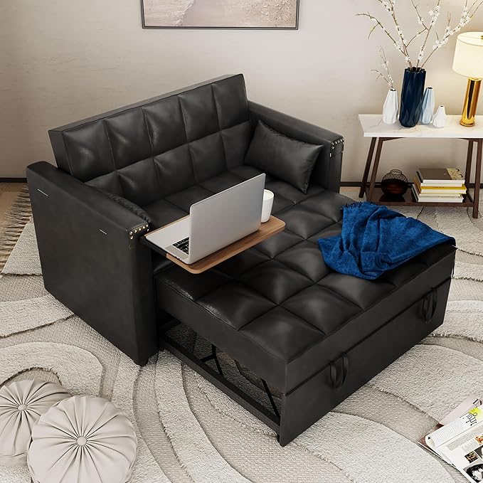 ORRD Convertible Sofa Bed 3-in-1 Multi-Functional Faux Leather Sleeper Couch Pull-Out Bed 48'' Loveseat Bed Chaise Lounge with Adjustable Backrest and Hidden Side Table for Living Room Small Space