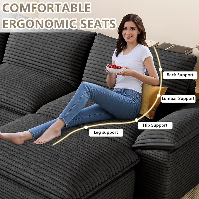 111 Cloud Sectional Couch with U-Shaped Chaise Corduroy Sectional Sofa with Ottoman Boneless Couch with Deep Seat in a Box for Living Room No Assembly Required (Dark Grey)