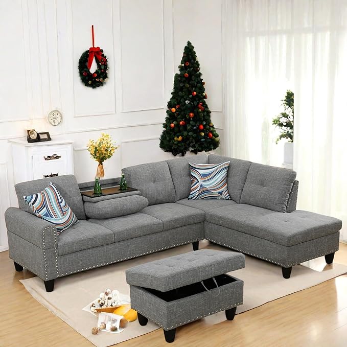 FONTOI L Shaped Sectional Couch with Otttoman 97 Sectional Sofa for Living Room Flannel Modular Couches with Cup Holders for Bedroom Apartments Grey