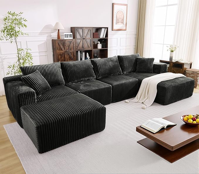 Ihanherry 139.37 Cloud Modular Sectional Couch Sofa with U-Shape Chaise and Big Ottoman with Deep Seat Upholstered Couches for Living RoomNo Assembly Required Plush Corduroy Fabric (Black)