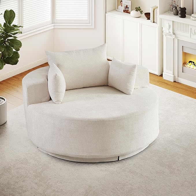 55 W Oversized Round Swivel Accent Barrel Chair360 Degree Chenille Upholstered Comfy Chaise Lounge Chair IndoorModern Deep Seat Single Sofa Armchair for Living RoomApartmentOffice(GridBeige)