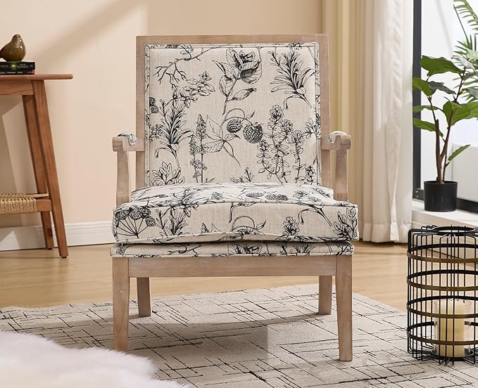 chairus Farmhouse Linen Accent Chair for Living Room Upholstered Reading Chair with Solid Wood Frame Lounge Arm Chair with High Back for Bedroom Reception Room Waiting Room Floral Pattern
