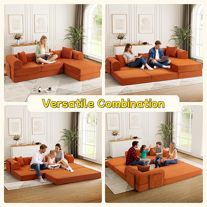 106.3 L Shape Convertible Sleeper Sofa Bed Oversized Modular Sectional Cloud Sofa with Fixed-Shape Frame &amp Storage Pocket Boneless Couch for Living Room No Assembly Required Orange