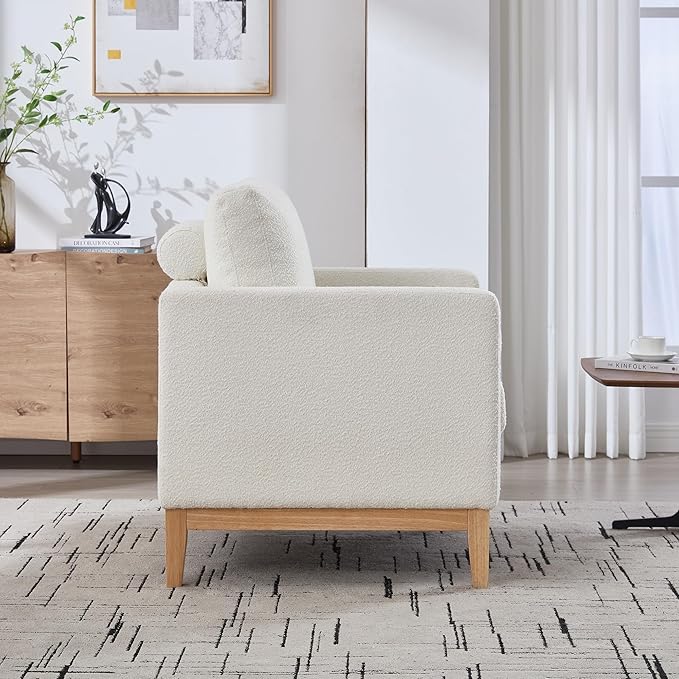 35.4 Modern Boucle Accent Chair with Deep Seat Oversized Wooden Upholstered Armchair Single Sofa Lounge Reading Chairs Large Accent Chair for Living Room/Bedroom/Office (Ivory &amp Style 1)