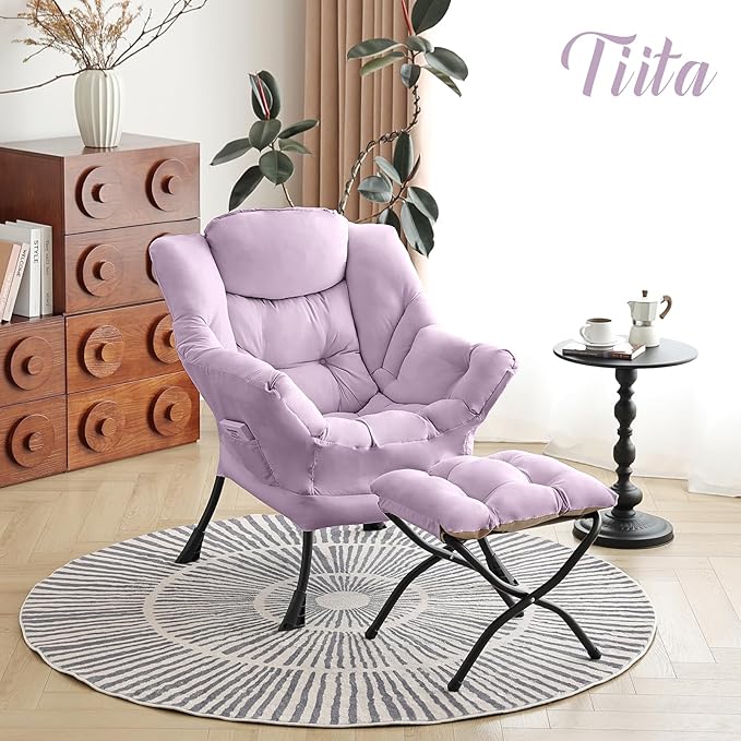 Tiita Lazy Chair with Ottoman Purple Modern Large Accent Chair Comfy Leisure Sofa Armchair with Ottoman Reading Chair with Footrest for Bedroom Living Room Dorm Rooms Purple