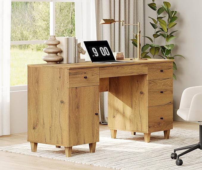 WAMPAT Desk with Drawers &amp Storage Cabinet 58 Inch Wide Wooden Home Office Desk with Charging Station Modern Large Wood Executive Computer Desk Work &amp Study Writing Desk Oak Brown