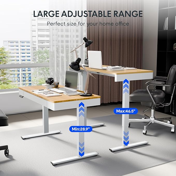 FLEXISPOT Q5 Standing Desk with Drawer 48 x 24 Inch Electric Adjustable Height Stand Up Desk with Storage Organizer Whole Piece Wooden Desktop for Home Office Computer Workstation Maple