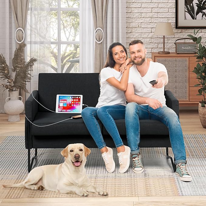 STHOUYN 51” Small Loveseat Sofa for Small Spaces Comfy Black Couch with 2 USB Ports Modern 2 Person Loveseats for Living Room Bedroom Mini Teen Office Couch (Black)