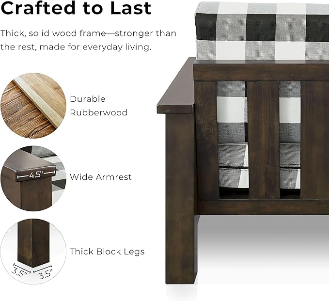 Furniture of America Gavik Modern Solid Wood Arm Chair with Plaid Removable Cushions Black and White Upholstery Fabric Comfortable Upholstered Seating for Living Room Guest Room Dark Walnut