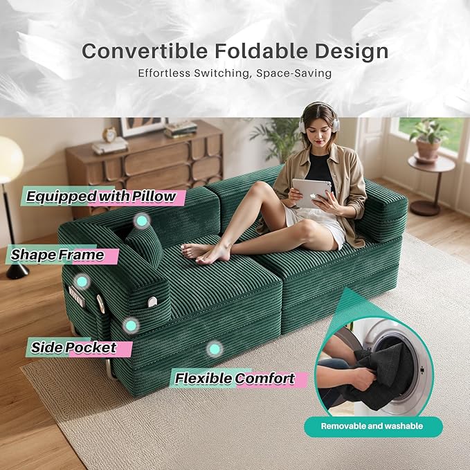 78 Compressed Convertible Sofa Bed Modular Corduroy Loveseat Sleeper with Fixed-Shape Frame Folding Mattress Couch with 2 Pillows for Living Room Bedroom Small Spaces No Assembly Needed Green