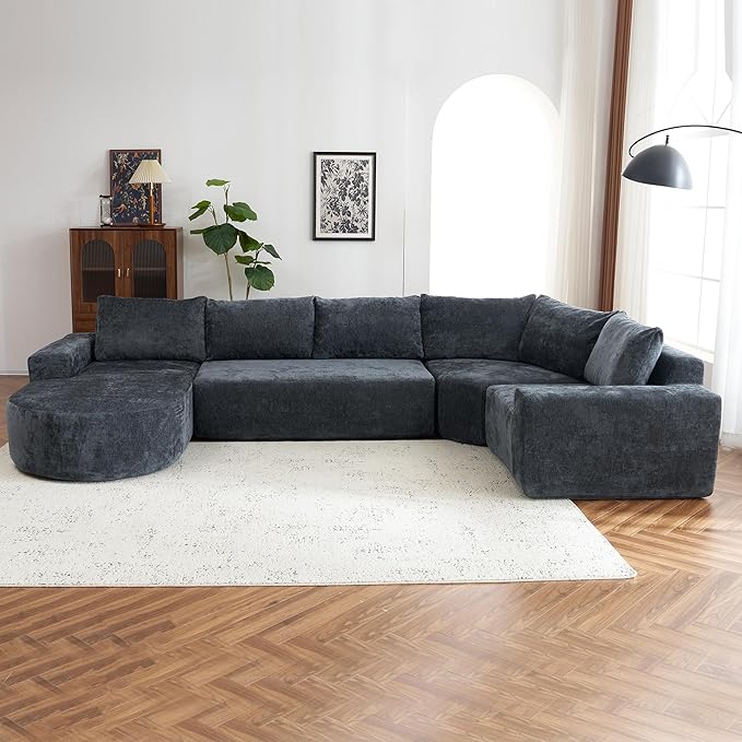 Modular Sofa Set 141.7 Oversized Sofa Cloud Sectional Sofa Set 5 Seat Upholstered Couches U-Shaped Sofa with Deep Seat Chenille Fabric Convertible Sleeper Couches for Living Room (Gray/145)