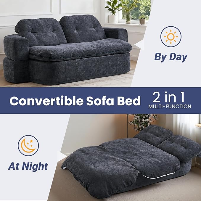 78.74 Convertible Sofa Bed Folding Loveseat Sleeper Sofa 2 in 1 Chenille Floor Couch Bed Foam Compressed Sofa with Pillows &amp Blanket for Living Room Apartment Studio Office (Grey)