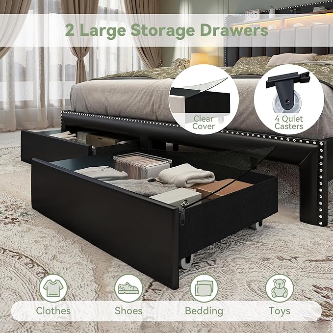 Torana King LED Bed Frame with 2 Drawers PU Leather Upholstered Storage Wingback Headboard Beds Channel Tufted Platform Bedframe with Rivet Decor No Box Spring Needed Black