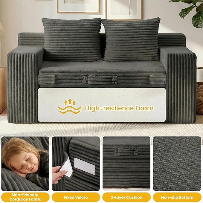 Boneless Loveseat Sleeper Sofa Bed: 3-in-1 Convertible Sofa Bed with Side Pockets &amp HandlePull Out Couch with 2 PillowsFolding Futon for Small SpaceLiving Room &amp BedroomCorduroy FabricNo