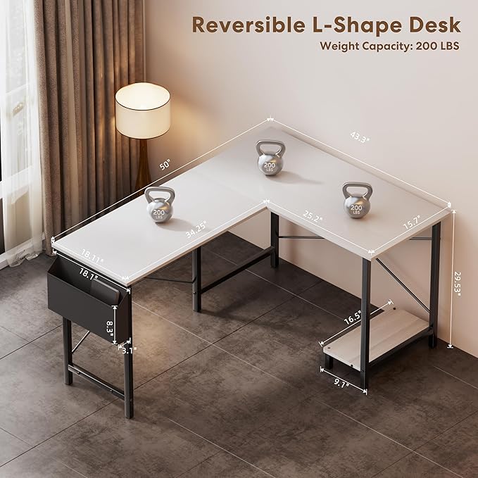 YSSOA 50 L Shaped Gaming Desk with Reversible Corner - Home Office Computer Desk with Wood Top Metal Frame CPU Stand &amp Storage Bag for Small Space Gaming Room White