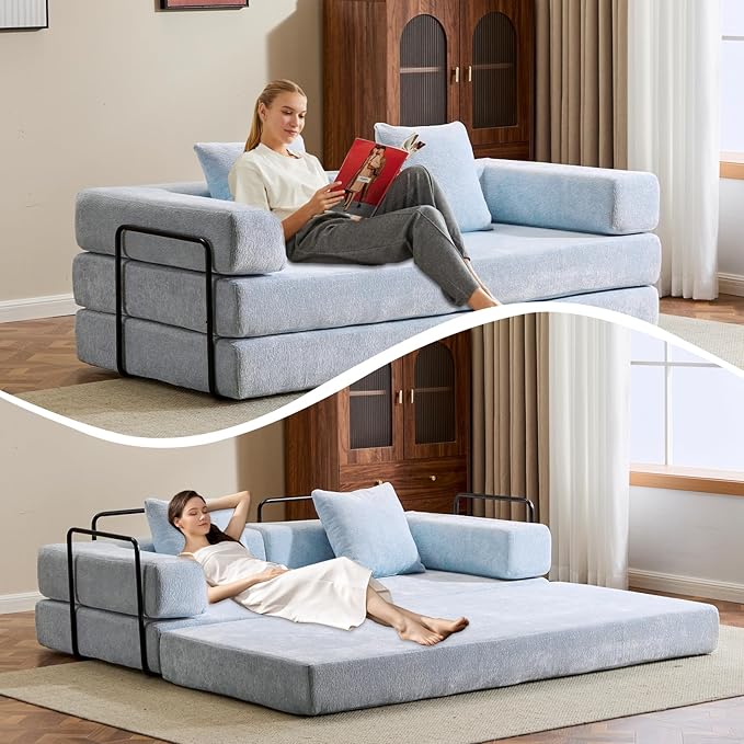 Convertible Sleeper Sofa Bed Compression Folding Sofa with Pillow No Assembly Required Shape Frame Floor Sofas Lounge Couch for Living Room Bedroom Small Spaces(Chenille 77''W Light Blue)
