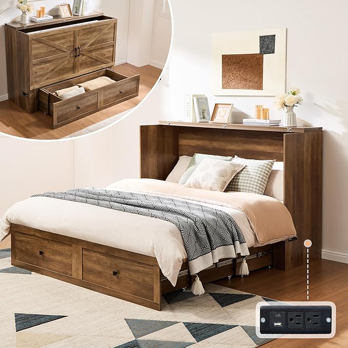 AMERLIFE Queen Murphy Bed Cabinet with Charging Station and Storage Farmhouse Foldable Platform Bed for Guest Room Office Small Spaces Barnwood