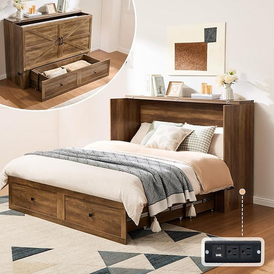 AMERLIFE Queen Murphy Bed Cabinet with Charging Station and Storage Farmhouse Foldable Platform Bed for Guest Room Office Small Spaces Barnwood