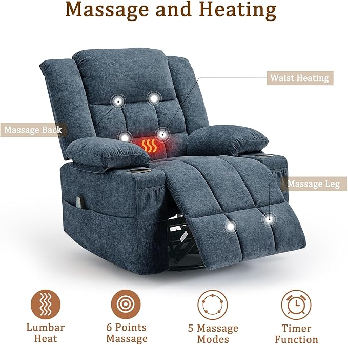 Adult 360° Swivel Recliner Chair with Massage and Heating Functions Suitable for Nurseries Features a Cup Holder and Manual Seat Adjustment Ideal for Living Rooms and Bedrooms (Fabric Blue)
