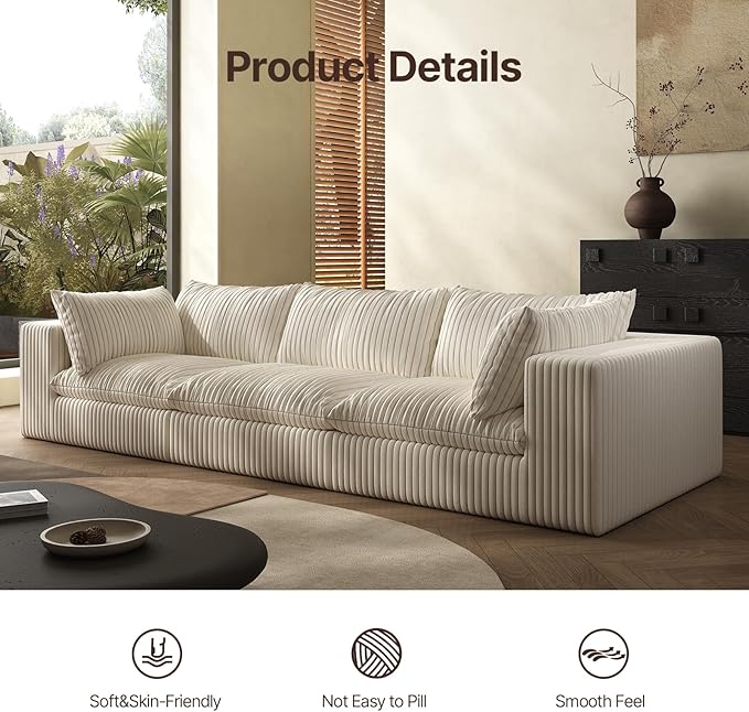 118-inch Boneless Cloud Sofa Modular Corduroy Sectional Couch with Full Foam Compression for Living Room Bedroom Apartment No Assembly Required (White 3 Seater with 1 Ottoman)