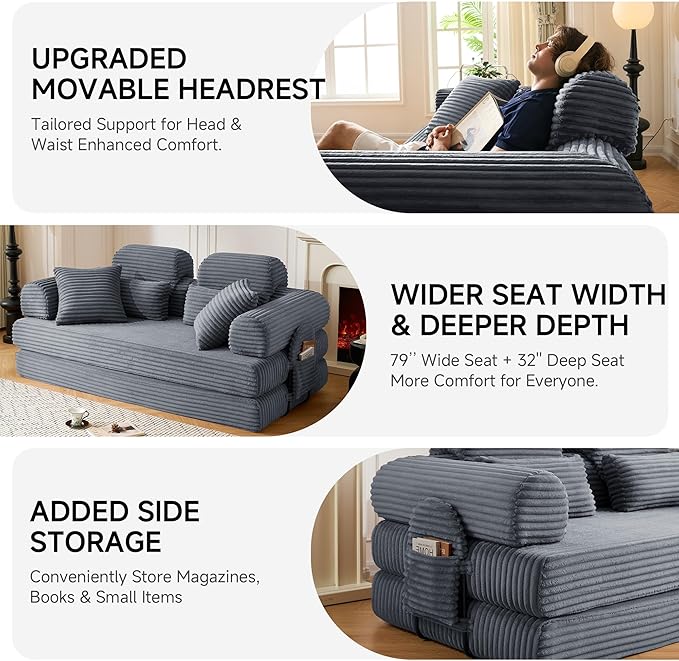 79 Sofa Bed Deep Seat 32 Sleeper Sofa 5-in-1 Convertible Sofa Bed Boneless Couch in a Box Corduroy Floor Futon with Thickened backrest and Headrest Pillows Side Pockets Dark Grey | 32 Deep Se