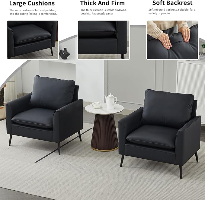 YITAI Modern Accent Living Room ChairsFaux Leather Oversized Single Sofa Chair with Metal Legs Mid Century Comfy Armchair for Bedroom/Office Reading/Lounge/Office/Reception2PCBlack