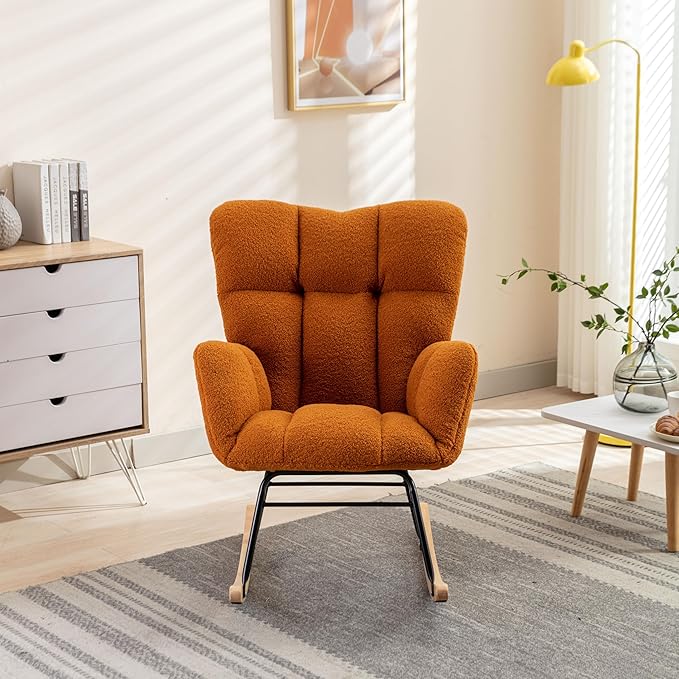 Setawix Teddy Fabric Rocking Accent ChairMid Century Modern Rocking Glider ArmchairLeisure Tufted Rocker Arm Chair for NurseryBedroomLiving Room (Teddy Caramel 27.6)