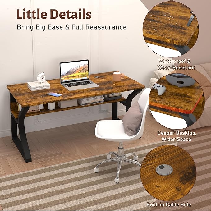 StarGraph Computer Desk 47 Inch Large Computer Desk with Storage Shelf Home Office Desk with C Shaped Metal Frame Writing Work Study Student Home Bedroom Office (Brown 47inch)