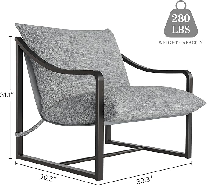 IDEALHOUSE Mid-Century Modern Sling Accent Chair Comfy Fabric Living Room Chairs with Heavy Duty Metal Frame Lounge Reading Armchair for Living Room Bedroom Easy Assembly Grey