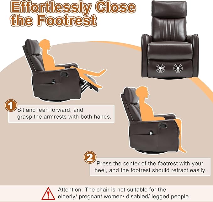 Manual Swivel Rocker Recliner Chair for Adults Overstuffed Recliner Glider with Massage and Heat Living Room Reclining Chair PU Leather Dark Brown