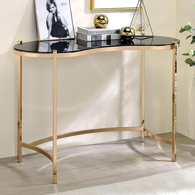 24/7 Shop at Home Rin Modern Metal Desk with Glass Top for Workstation Home Office Study Room Gold