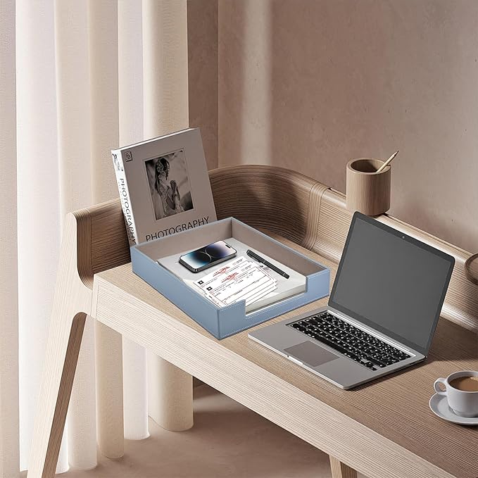 Leather Letter Tray Office Supplies Desk Organizer for Mail Paper Files Magazines Jewelry CosmeticsLuxury Letter Holder&ampMultipurpos Stackable Storage Box Office DesktopGrey