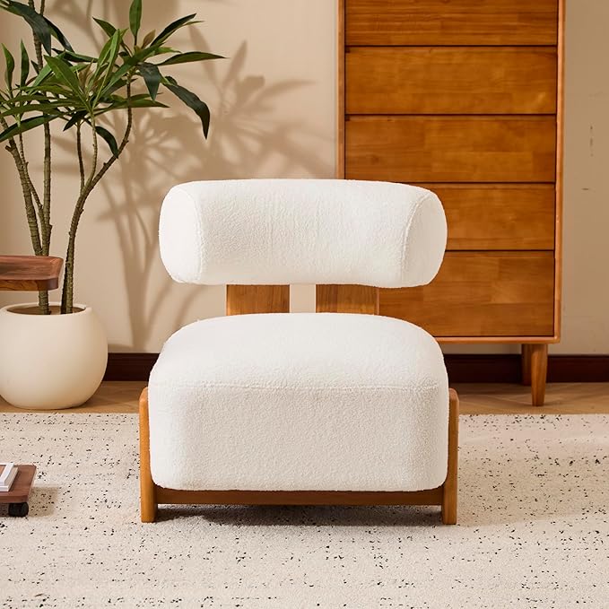 Merax 27.25 Modern Boucle Accent Chair with Solid Wood Frame and Rolled Backrest Soft &amp Durable Boucle Upholstery Lounge Chair for Living Room Bedroom or Office Natural+Beige
