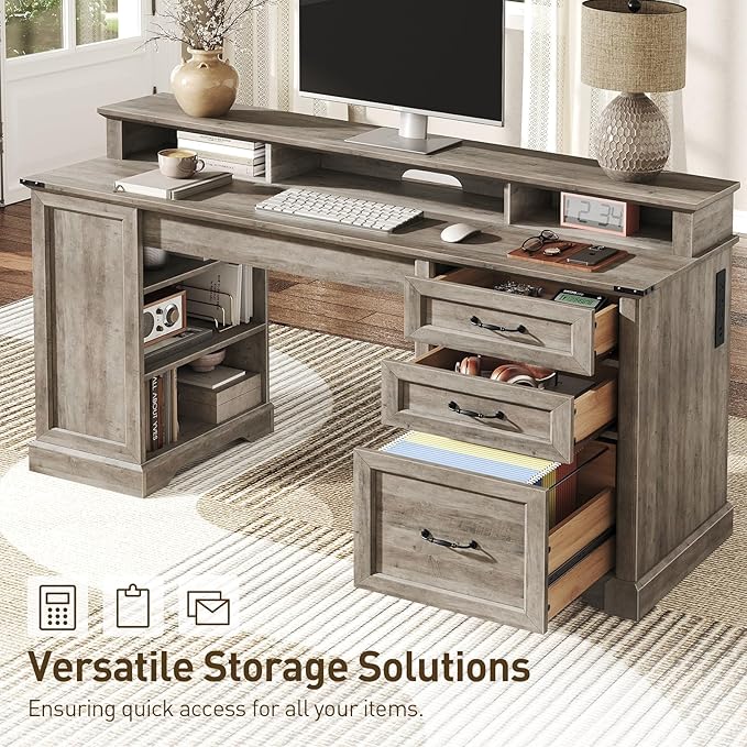 55'' Farmhouse Executive Desk with Drawers Home Office Desk with File Cabinet and Storage Shelf Charging Station Computer Desk with Monitor Stand Writing Gaming Desk Greige