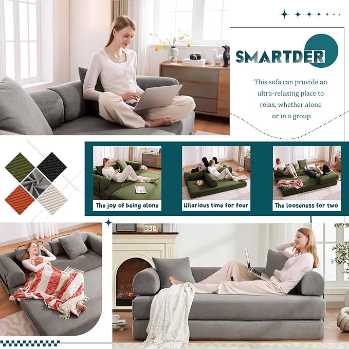 Convertible Folding Sofa Bed Modular Floor Sofa with Removable Backrest 3-Seater Fold Out Couch Bed with Pillows King Size Futon Lazy Couch Corduroy Sleeper for Living Room Dorm Grey