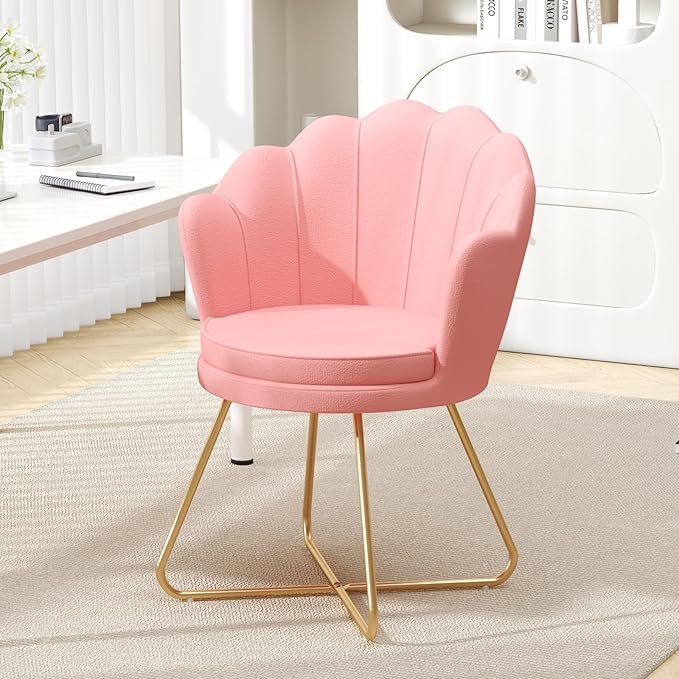 Furniliving Pink Vanity Chairs Velvet Makeup Chair for Bedroom Home Office Desk Chair with Gold Plating Legs Cute Accent Chair for Makeup Room Bedroom Living Room Guest Reception (Velvet Pink)